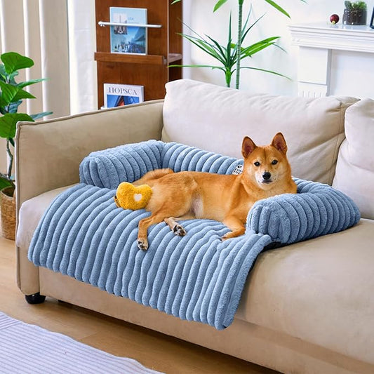 FUNNY FUZZY Pet Couch Cover for Sofa, Calming Dog Bed for Couch, Fluffy Plush Dog Couch Mat for Furniture Protector for Large Medium Small Dogs and Cats, Blue