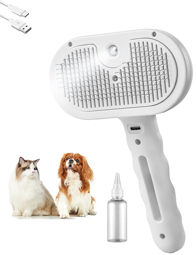 Pet Grooming Steam Brush, Pet Spray Hair Removal Comb, Anti-Static, Rechargeable, Comfortable Grip, for Dogs & Cats, Spray Hair Removal Comb, Steam Brush for Shedding & Grooming, White