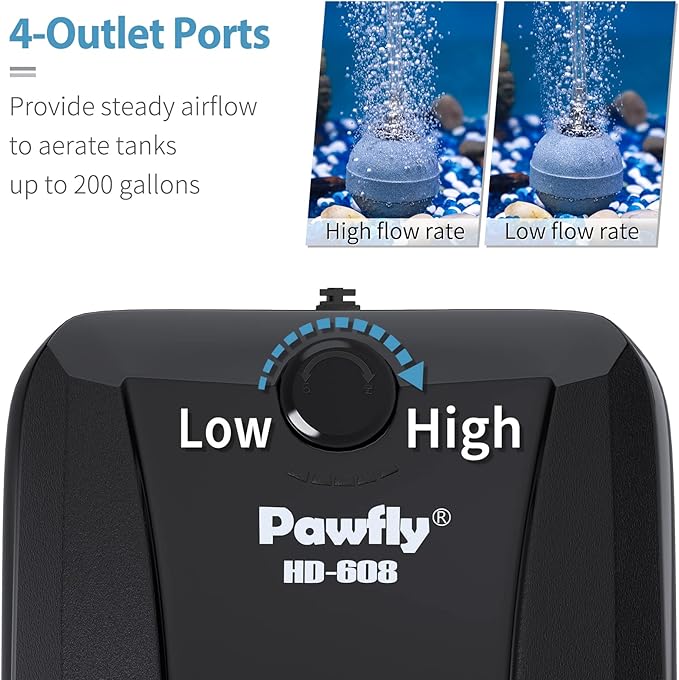 Pawfly Aquarium Air Pump Oxygen Pump for 10-200 Gallon Fish Tanks Buckets Dual Outlet Adjustable Ultra Quiet Aerator Pump with Accessories