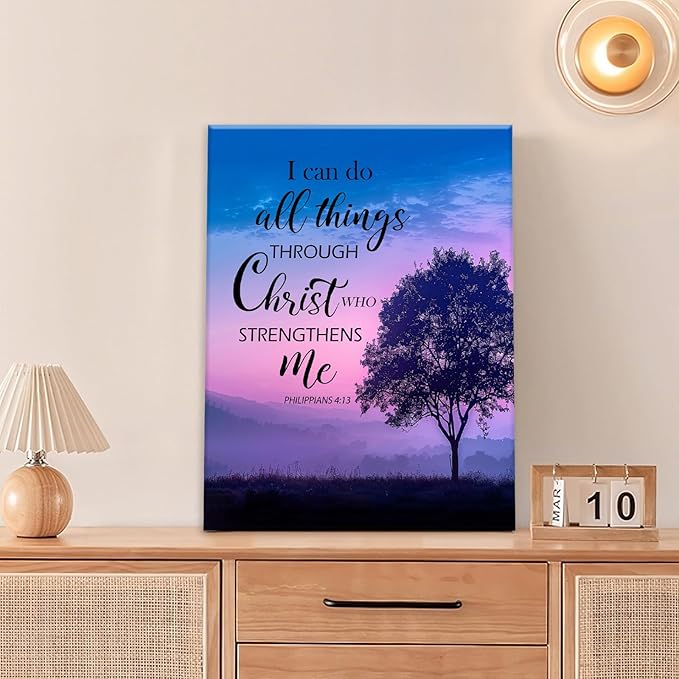 Christian Tree Wall Art I Can Do All Things Canvas Wall Decor Prints Framed Painting Purple Pictures Gifts Artwork for Bathroom Bedroom 16"x20"