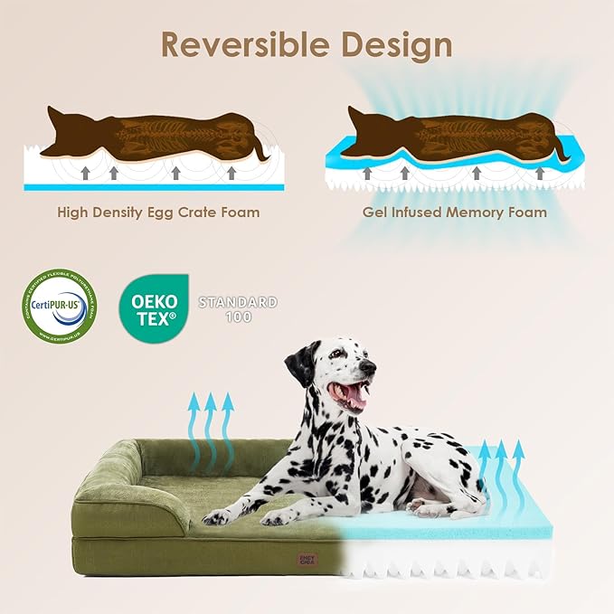 EHEYCIGA Orthopedic Dog Beds Large Sized Dog, Waterproof Memory Foam Pet Bed with Sides, Non-Slip Bottom Large Pet Bed with Washable Removable Cover, Olive Green