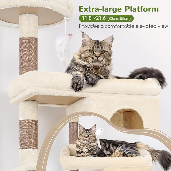 Globlazer Heavy Duty Cat Trees for Large Cats, Sturdy 72in Maine Coon Cat Tree for Large Cat 20 lbs+ Heavy Duty Cat Tower for Adult Biggest Cats with 6 Scratching Posts, Hammock, S72, Beige