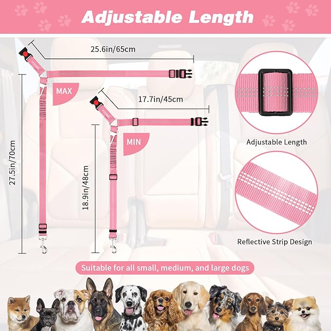 BWOGUE Pet Dog Cat Seat Belt Reflective Car Dog Headrest Restraint Leash Elastic Buffer Bungee Adjustable Tangle-Free Safety Leads Vehicle Seatbelt Harness for Small, Medium and Large Dogs (1 Pack)