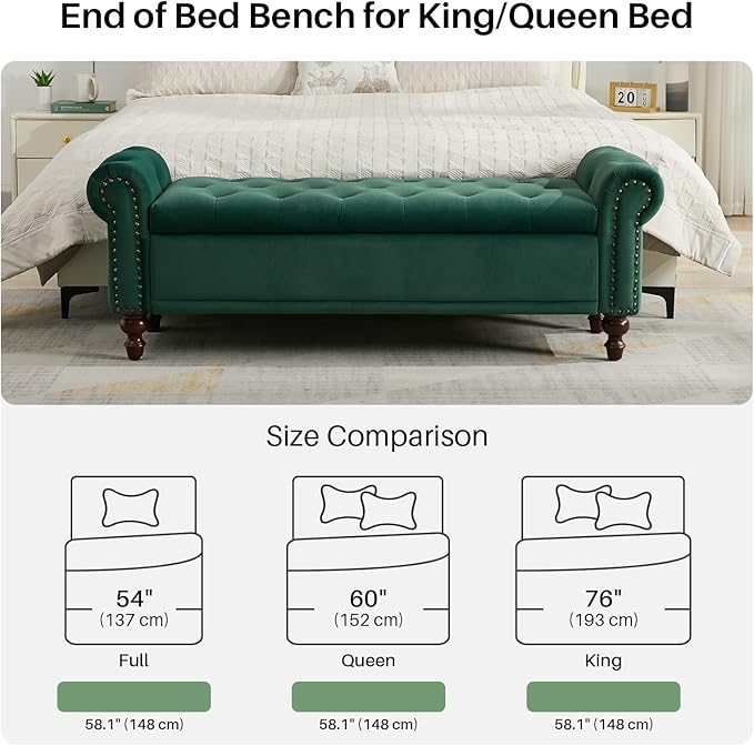 58.1'' Storage Bench Upholstered Velvet End of Bedroom Bed Bench Ottoman with Tufted Cushioned Rolled Arm Large Storage Space for Reading Living Room Entryway,Dark Green
