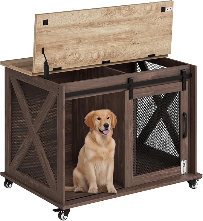 Dog Crate Furniture,37 Inch Indoor Dog Cage with Sliding Barn Door, Flip Top Dog Kennel End Table with Removable Divider, Farmhouse Wooden Pet House for Small to Middle Size Dogs