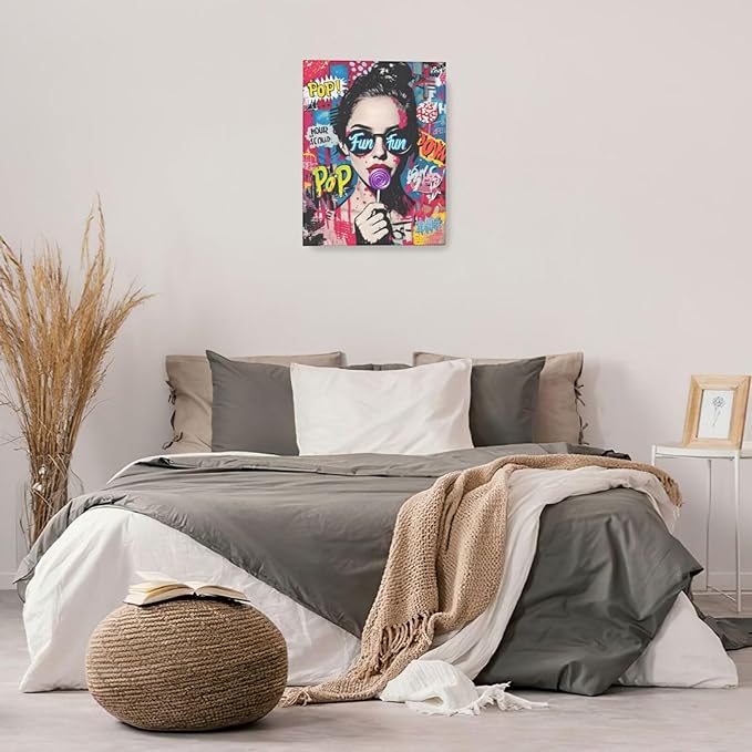 Fashion Women Wall Art Glam Modern Artwork for Girls Banksy Street Graffiti Pop Art Canvas Pictures Painting Print Framed Decorations Gifts for Bedroom Living Room Office 16"x20"
