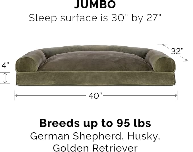 Furhaven Pillow Dog Bed for Large Dogs w/ Removable Bolsters & Washable Cover - Faux Fur & Velvet Sofa - Dark Sage, Jumbo/XL