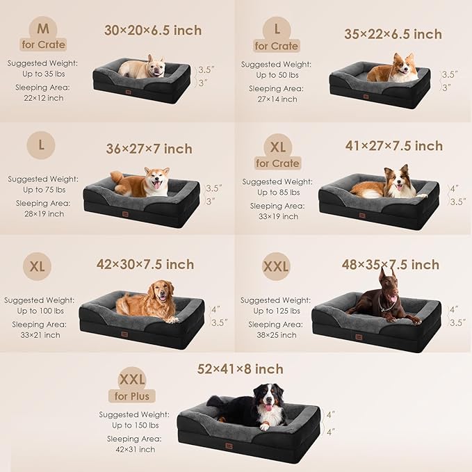 EHEYCIGA Memory Foam XL Dog Bed for XLarge Sized, Extra Large Orthopedic Dog Sofa with Sides and Waterproof Liner, Washable Bolster Pet Bed Couch with Removable Cover, 42x30x7.5 Inch, Grey/Black