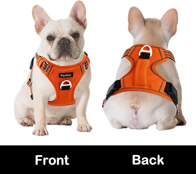 Funfox Dog Harness No Pull, Adjustable Pet Vest Harness, Super Soft Material with Vertical Handle Easy Control, Reflective Night Walking, 2 Leash Clips for Small Sized Dogs, Orange, S