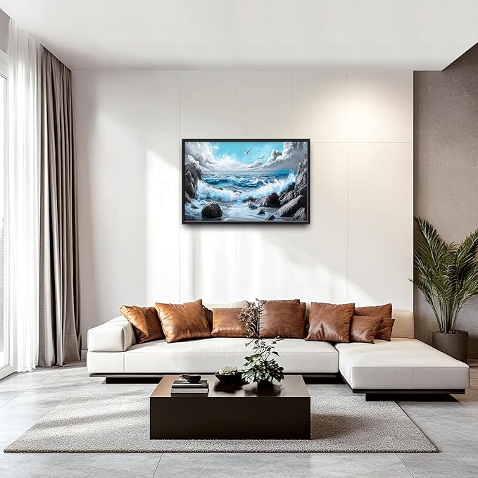 Extra Large Framed Abstract Sea Ocean Wall Art,Black and White Wall Decor, Coastal Seashore Pictures for Living Room,Canvas Print Painting Modern Artwork Bedroom Office Bathroom 36L x 24W