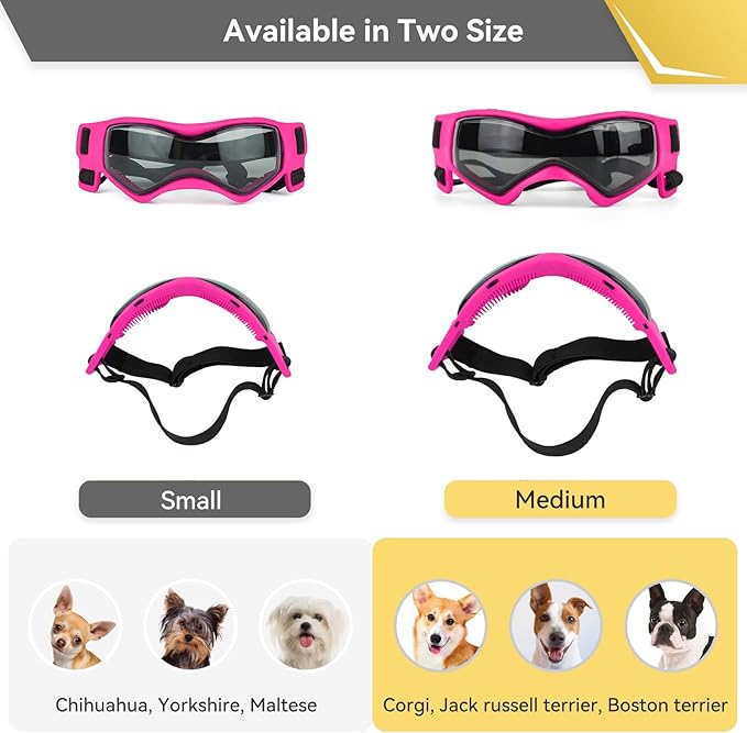Dog Goggles Dog Sunglasses for Medium Breed UV Protection Windproof with Adjustable Head Straps Chin Straps for Ride Car/Hiking Travel/On Beach-Pink