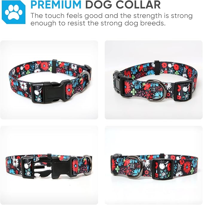 HEELE Dog Collar, Adjustable Soft Dog Collar for Small Medium Large Dogs,Floral Patterned Puppy Collars with Quick Release Buckle M Length 13.39''-20.87''