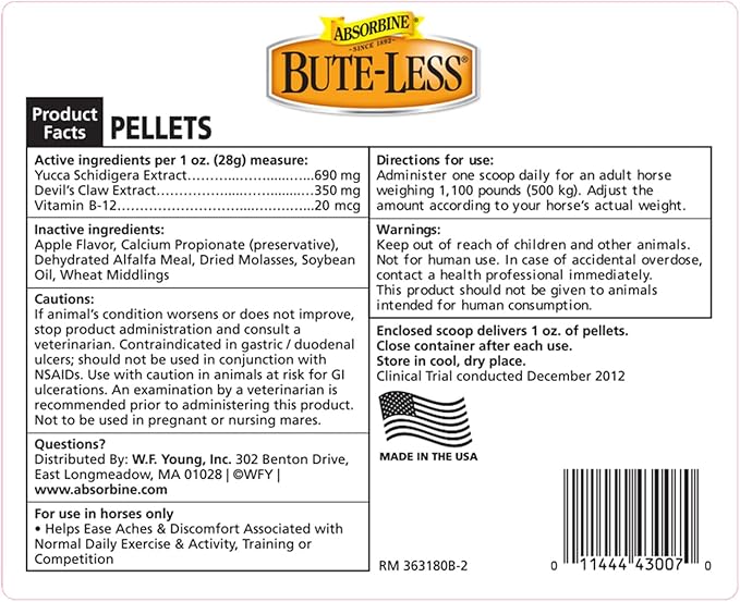 Absorbine Bute-Less Comfort & Recovery Support Supplement, Provides Long-Term Comfort, Gentle on Stomach, Includes Devil’s Claw, Vitamin B-12, Yucca, 10 lb / 160 Day Supply