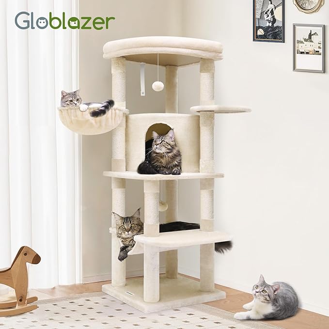 Globlazer Corner Cat Tree, 51in Curved Series Modern Cat Tower for Indoor Cats with Hammock, 7 Sisal Scratching Posts, Large Fan-Shaped Platform for Large Cats, Cat Condo & Hanging Basket, C51, Beige