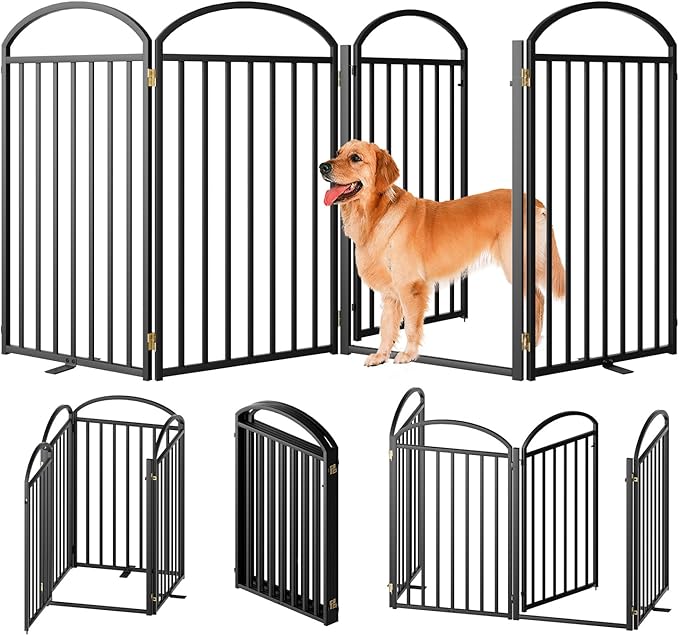4 Panles Full Matel Freestanding Dog Gates with Door, 96"Extra Wide 36"Tall Free Standing Dog Pet Gate for Indoor & Outdoor. Foldable Pet Fences for Doorways, House, Stairs, Porch, Deck, Yard