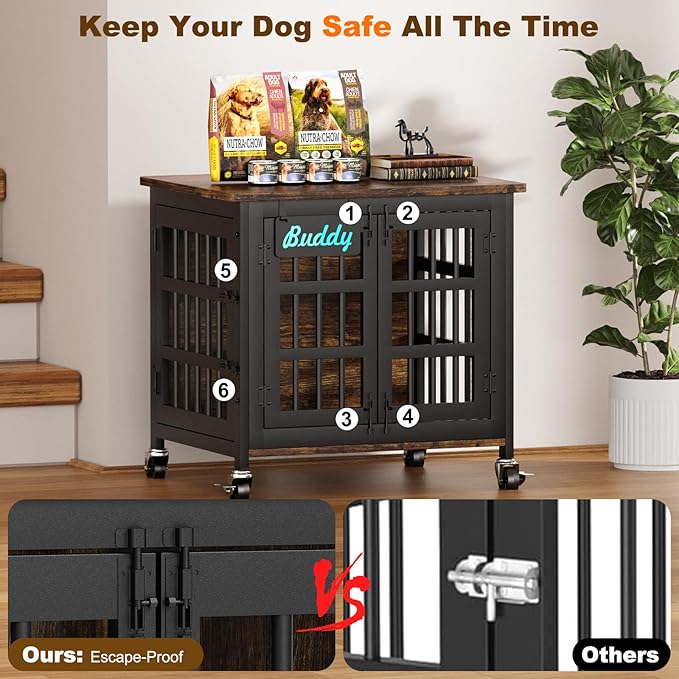 EasyCom Heavy Duty Dog Kennel Indoor with Name Tag, 27" Dog Crate Furniture for Small Dogs, Double-Doors Sturdy Metal Dog Cage for Anxiety Dog