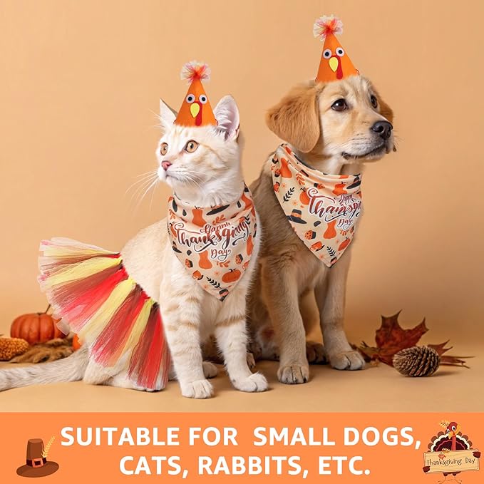 SCENEREAL Thanksgiving Dog Bandana Dress with Hat Set, Pet Turkey Costume for Small Medium Sized Dogs, Cute Tutu Skirt Outfit for Party Halloween