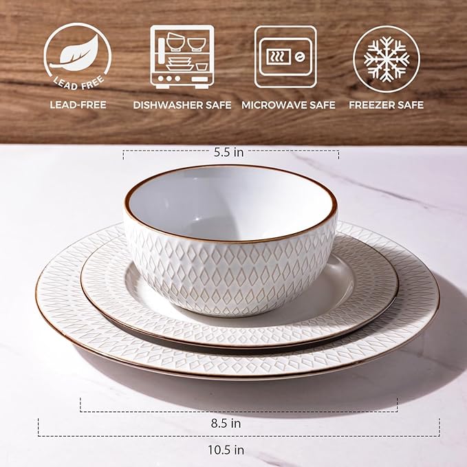 GBHOME Ceramic Dinnerware Sets, 24 pcs Embossed Elegant Stoneware Plates and Bowls Sets, Housewarming Wedding Gift | Dishwasher & Microwave Safe | Dishes Set Service for 8