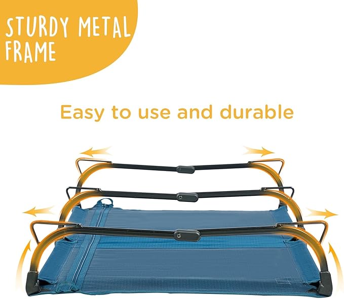 Daisy Cot, Medium Foldable Elevated Dog Bed, Portable Raised Outdoor Folding Dog Cot, Cooling, Chew Proof, Waterproof, Heavy Duty Up to 160 Lbs for Camping/Home, Dark Blue, 32"x 19"x6"