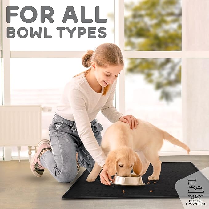Dog Food Mat - 24x15” Large Silicone Pet Food Mat, Raised Edges for Food and Water Prevent Spill, Waterproof Cat Food Mat Protect Floors,Easy Clean Dog Bowl Mats for Food and Water
