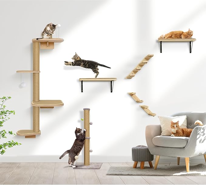 Cat Wall Shelves & Climber for Kittens – 4-Level Wall Mounted Cat Tree with Natural Sisal Pads, Adjustable Tower for Indoor Cats Up to 30lbs, Cat Wall Furniture System