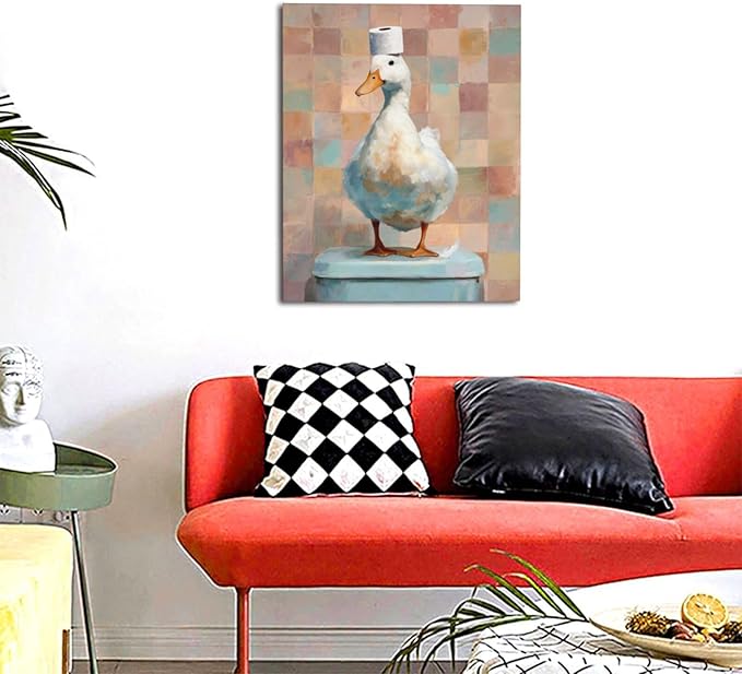 Funny Duck Bathroom Wall Art Cute Duck on Toilet Canvas Wall Decor Funny Quirky Farm Animal Pictures Painting Print Framed Artwork Decorations Gifts for Bathroom 16"x20"