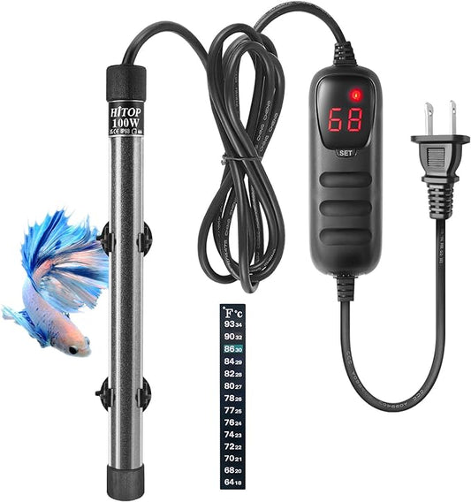 HITOP Compact Submersible Aquarium Heater -100W Digital Heater for Fish Tank Turtle Tank 10-25 Gallon, Saltwater and Fresh Water with Temperature Controller (100W)
