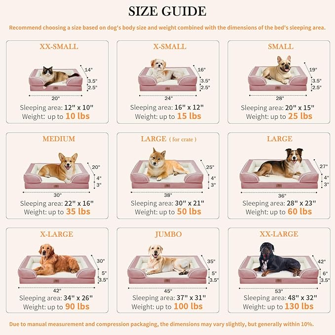 Comfort Expression Large Dog Beds Waterproof Orthopedic Foam Dog Beds for Large Dogs Sofa Comfy Pet Bed with Non-Slip Bottom & Washable Removable Cover(Pink)