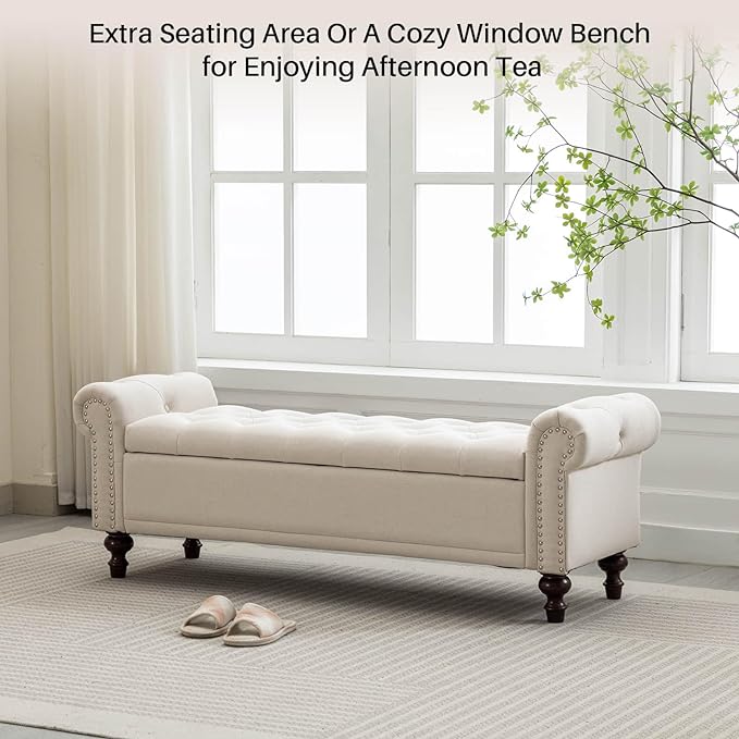 58.1'' Storage Bench Upholstered Linen End of Bedroom Bed Bench Ottoman with Tufted Cushioned Rolled Arm Large Storage Space for Reading Living Room Entryway, Beige