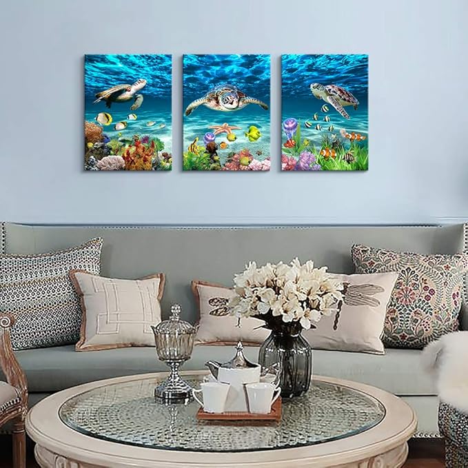 AHUASJART Canvas Wall Art for Living Room family Wall decor for Bedroom Bathroom Wall Decoration blue Ocean Sea Turtle Paintings Modern shark Pictures Artwork office Ready to Hang 12" x 16" 3 Piece
