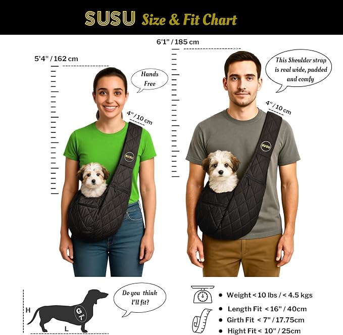 Small Dog Carrier Sling Bag – Hands-Free up to 10 lbs -10.5″ Deep Pouch, Dual Snap-Clip Closure + Drawcord, 4″ Padded Strap, Safety Tether, Zipper Pockets, Machine-Washable