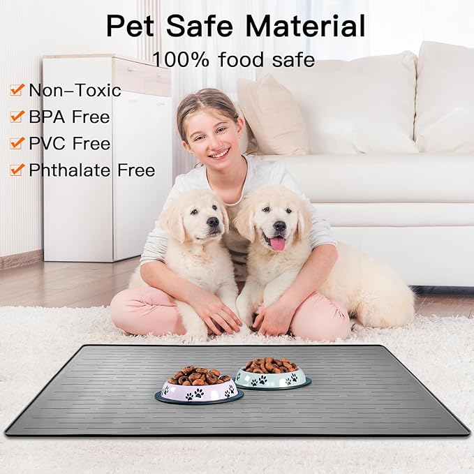 39.4"x29.5" Large Pet Food Mat, Silicone Dog Mats for Food and Water, Nonslip Pet Feeding Mats for Floors,Dog Cat Bowl Mat with Raised Edges, Avocado Green