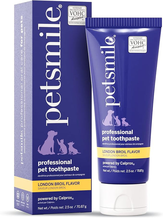 Petsmile Professional Pet Toothpaste for Cats & Dogs - Only VOHC Accepted Toothpaste - Clinically Proven to Control Plaque & Tartar Calprox Formula (London Broil, 2.5 Oz)