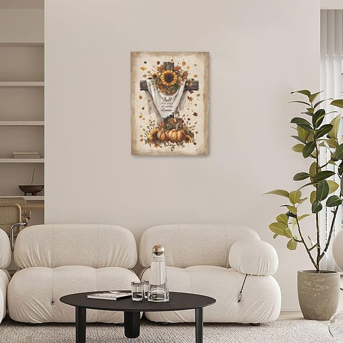Christian Fall Wall Art Autumn Rustic Cross Sunflower Pumpkin Wall Decor Fall for Jesus He Never Leaves Pictures Painting Print Framed Artwork Decorations Gifts for Living Room Bedroom Prayer Room Office 12"x16"