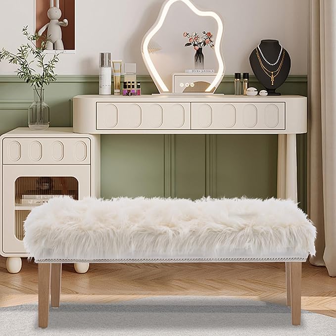 46 Inch White Bedroom Bench, Modern Multi-Purpose Bench with Wooden Legs, Faux Fur Upholstered, 3-Seater, 220 lbs Weight Capacity