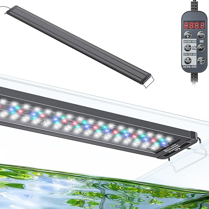 Pawfly 42W 24/7 Aquarium LED Light for 48" to 54" Tanks Extendable Fish Tank Light with Full Spectrum White Blue Red Green Lights with D/N Mode Single Color Effects Timer and Adjustable Brightness