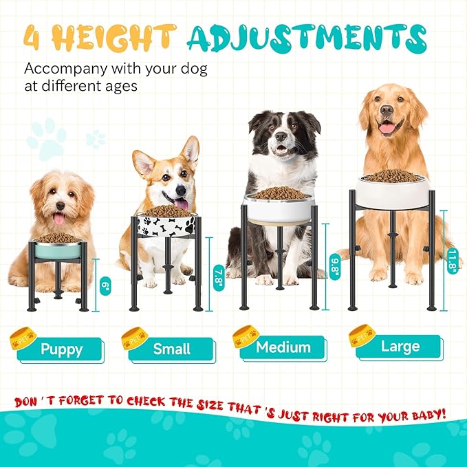 Adjustable Dog Bowls Elevated Stand- 4 Heights, Wide 6-10" -Oppro Metal Raised Tall Single Dog Food Bowl Stands Holder, Upgrade Lifted Water Feeder with Tray for Medium Large Small Breed, Black