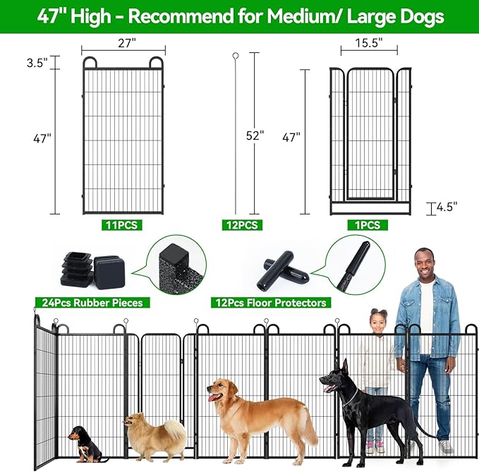 Dog Playpen Outdoor 12 Panels Heavy Duty Dog Fence 47" Height Anti-Rust with Doors Portable for RV Camping Yard, Total 27FT, 58 Sq.ft, Snowy Black