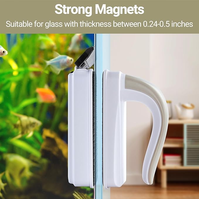 Aquarium Magnet Glass Cleaner, Magnetic Fish Tank Cleaner with Algae Scraper, Double Sided Cleaning Scrubber Brush with Handle, Titanium Blade, Self-Floating, Fit 1/4"-1/2" Thick Glass, Large