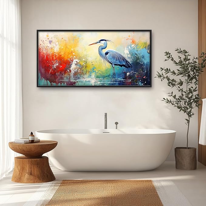 Extra Large Framed Abstract Heron Wall Art,Oversized Colorful Graffiti Heron Wall Decor Pictures for Living Room,Canvas Print Painting Modern Artwork Bedroom Office Bathroom Home Decor 60L x 30W
