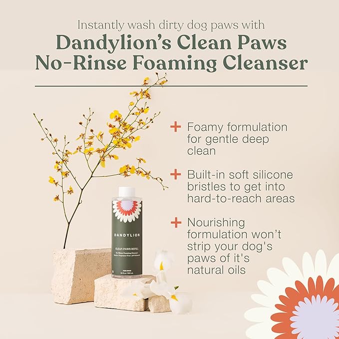 Dandylion Clean Paws Value Set – No‑Rinse Foaming Paw Cleaner with Built‑in Brush + 10 fl oz Refill