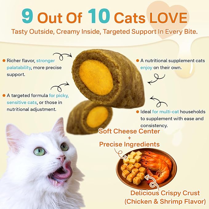 Cat Probiotics & FOS, Gut + Immune Support - 500 Chews Crunchy & Creamy Cheese Core, Probiotic for Digestive and Gut Health, Immunity, Constipation Relief for Cats Kittens - Chicken Shrimp