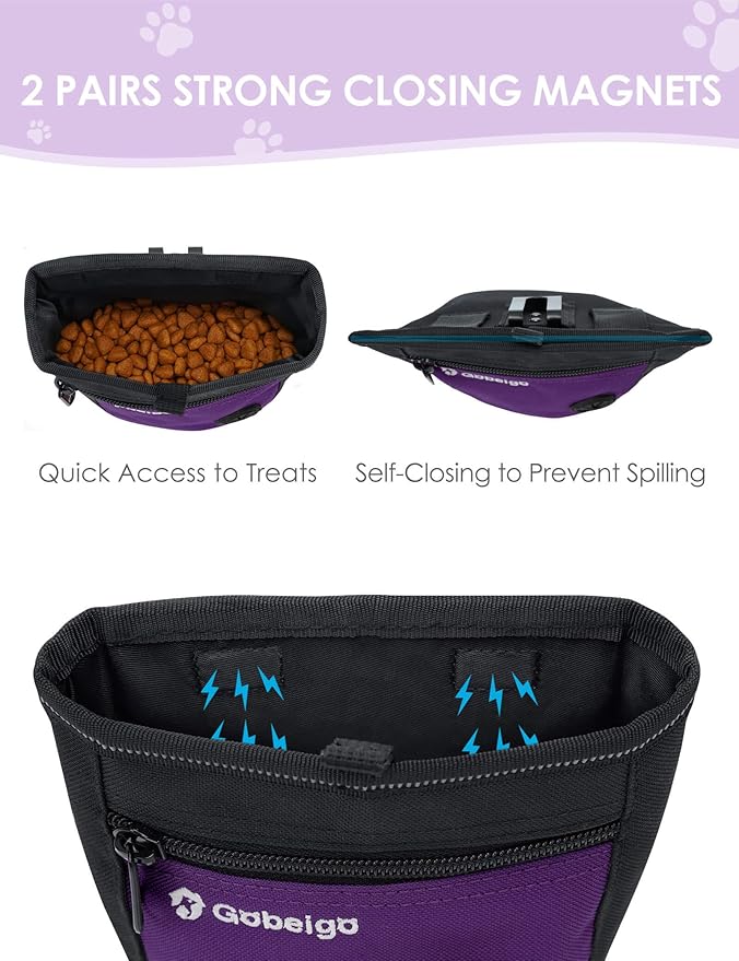 Gobeigo Dog Treat Pouch and Training Clicker, Upgrade Two Magnetic Closure to Prevent Spills, 2 Cup Treat Bag with Poop Bag Dispenser, Metal Clip Waist Belt Fanny Pack for Pet Walk (Black/Purple)