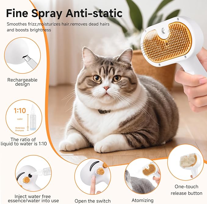 Pet Steam Brush for Dog & Cat – 3-in-1 Spray Hair Removal Comb – Steam for Shedding & Grooming – Water Brush for Long & Short Haired Pets – Spritz Defur Comb