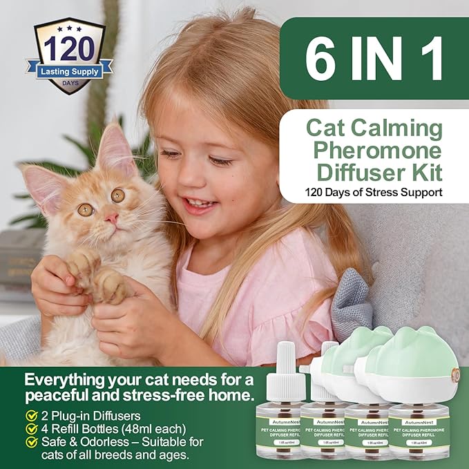 Cat Calming Diffuser Kit with 2 Plug-in & 4 Refills, Pheromone Diffuser for Cats Reducing Fighting, Scratching, Urine, Aggression, Anxiety, Fireworks, Vet Visits, Travel, 120 Day Supply, Safe Formula