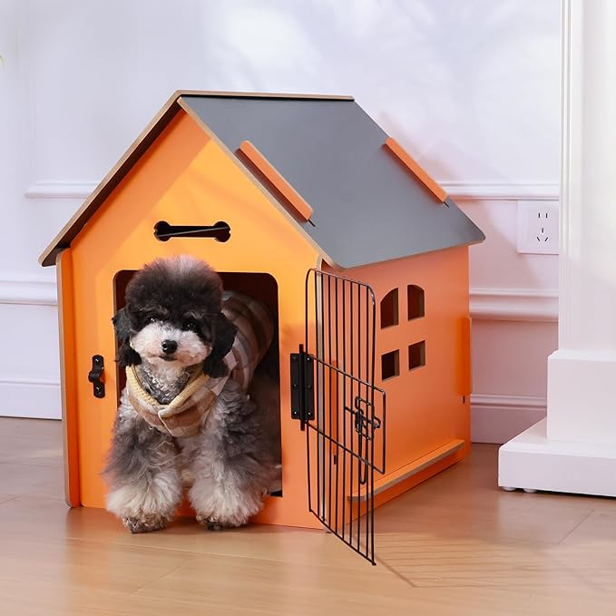 Dog House Indoor for Small Dogs or Cats, Cozy Wooden Design, Small Indoor Bed House, with Air Vents and Elevated Floor Warm Dog Cave (Orange)