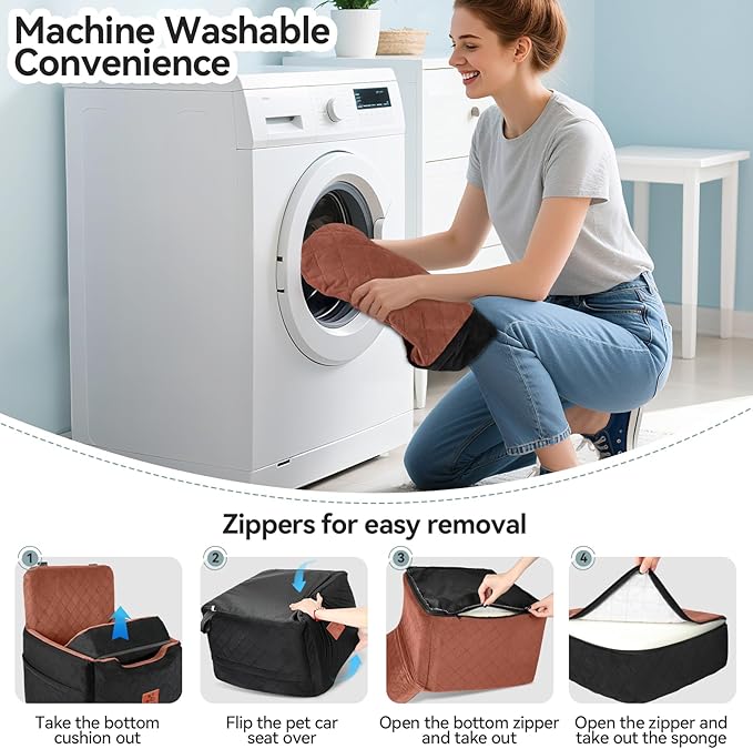 Dog Car Seat for Small/Medium Dogs Under 35lbs,Memory Foam Dog Booster Seats,Detachable and Washable Traval Pet Car Seat, Dogs Bed with 2 Safety Belts(Balck/Brown)