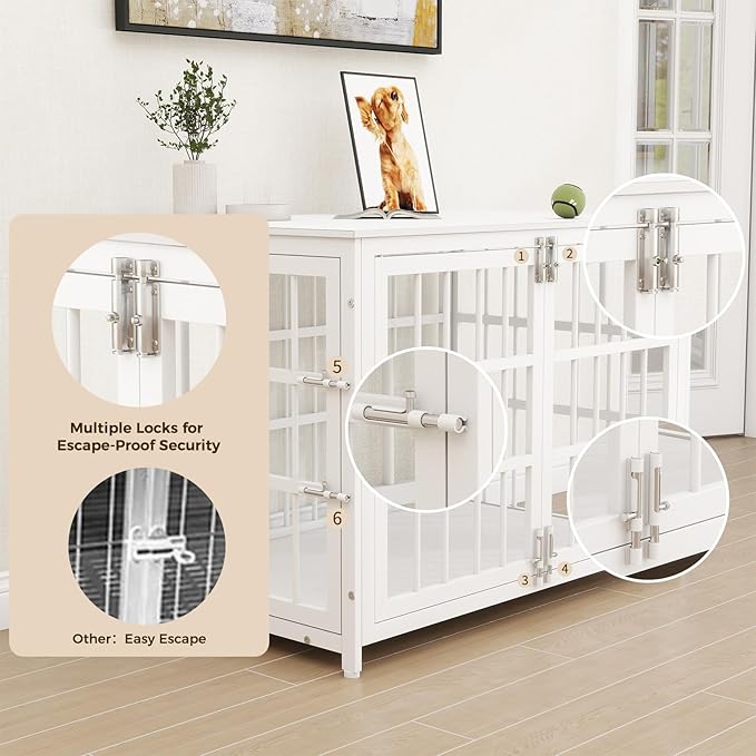 38 Inch Heavy Duty Wooden Dog Kennel End Table with Double Door Design and Secure Locks, Indoor Pet Crate Furniture for Medium Dogs, Decorative Home Cage Design,White