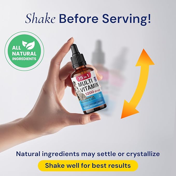 Advanced 15-in-1 Multivitamin for Dogs & Cats - Premium Liquid Supplement with Glucosamine, Vitamin B Complex and Cranberry for Joint, Digestive, Skin, Immune & UTI Support - 2.0 Fl Oz - Made in USA