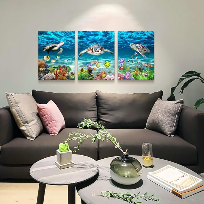 Canvas Wall Art for Living Room Large Size Wall decor for Bedroom Modern Bathroom Wall Decoration blue Ocean Wall Painting Sea Turtle Wall Pictures Ready to Hang Office Artwork 20" x 28" 3 Piece